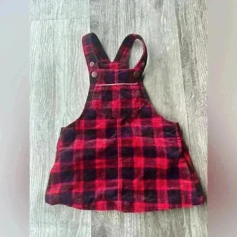 Girls Osh Kosh B’Gosh Buffalo plaid velvet overall jumper dress- 6 months